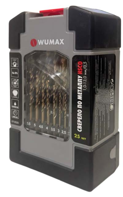 Набор сверел по металлу HSCO (5% Co) DIN338, 25 шт. 1-13 мм./0,5, WUMAX