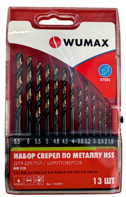 Набор сверел по металлу HSS DIN338, 13 шт. 1,5-6,5 мм., WUMAX