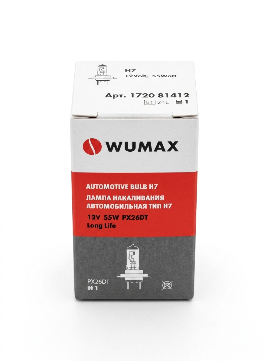 Лампа накаливания автомобильная тип H7 12V 55W Long Life, PX26DT, WUMAX