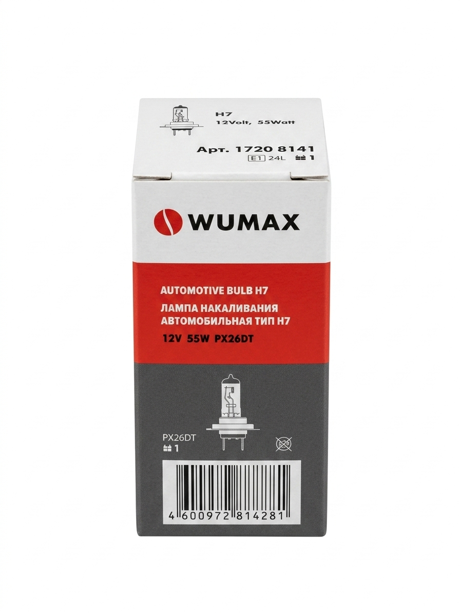 Лампа накаливания автомобильная тип H7 12V 55W, PX26DT, WUMAX