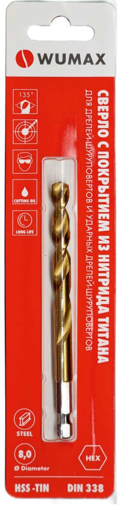 Сверло по металлу WUMAX HSS-TiN 3,2 мм, DIN338, 1/4" HEX, блистер