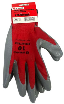 Перчатки защитные от минимальных рисков, покрыты нитрилом, Red Nitrile, р. 10, WUMAX
